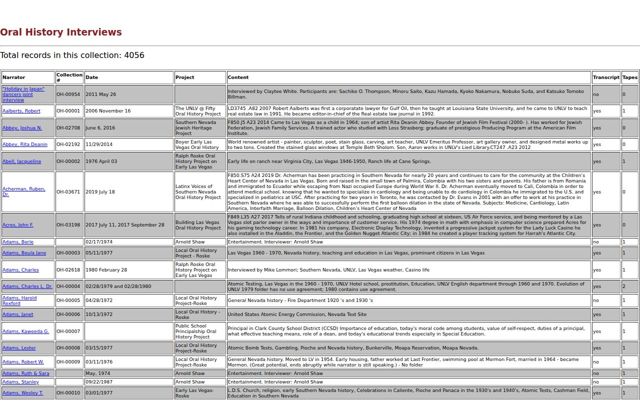 Sunrise Manor people directory view of the UNLV oral history index