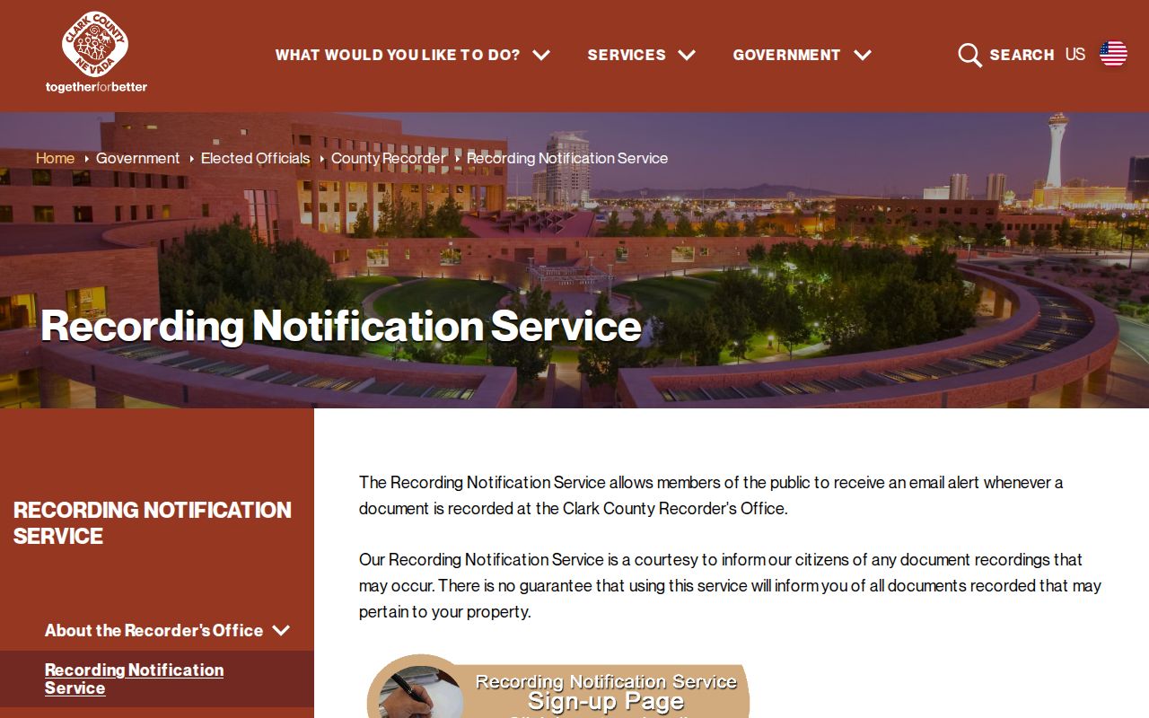 Sunrise Manor public records Recording Notification Service enrollment page