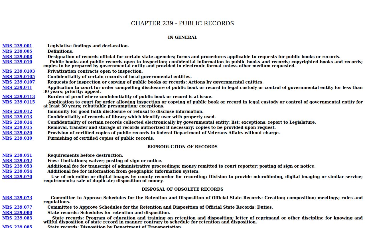 Sunrise Manor public records law page under Nevada Revised Statutes